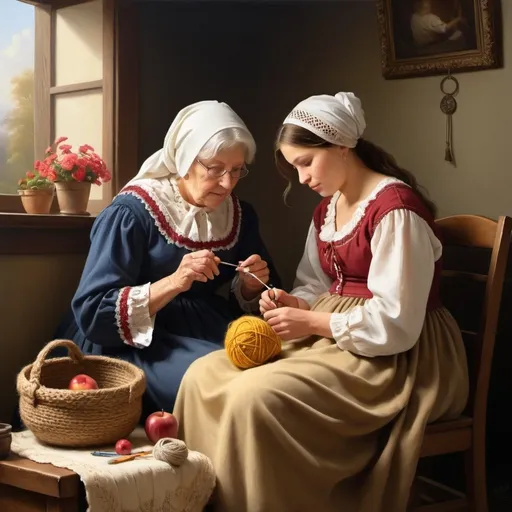 Prompt: Create a UHD, 64K, professional oil painting in the style of Carl Heinrich Bloch, blending the American Barbizon School and Flemish Baroque influences. Depict "A heartwarming scene where a grandmother is teaching her granddaughter how to crochet. The setting is cozy and filled with warmth, showcasing the bond and joy of passing down skills through generations."

