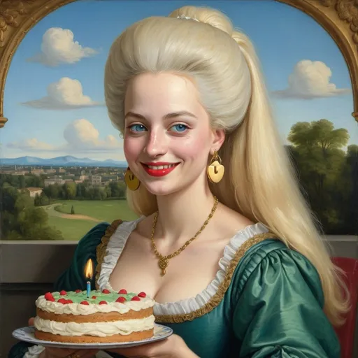 Prompt: a half-length portrait painting  of Marie Antoinette cover with dark freckle blue eyes  long blonde hair red lipstick  on a smile on her face, "gold earrings",  smiley face t-shirt, eating cake, with a green background and a blue sky, Fra Bartolomeo, academic art, renaissance oil painting, a painting in the style of  Mona Lisa