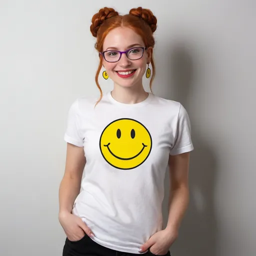 Prompt: 25-year-old woman, green eyes. cover with dark freckle. long ginger hair ginger in a French braid. wearing lipstick red. broad rimmed eyeglasses purple

the is  woman wearing a white t-shirt. 

the  t-shirt has a yellow smiley face with two eyes and a smile on it's face, with a black outline, Dave Gibbons, naive art, smile, a digital rendering

 the woman is wearing  earrings.

the earrings has a yellow smiley face with two eyes and a smile on it's face, with a black outline, Dave Gibbons, naive art, smile, a digital rendering







