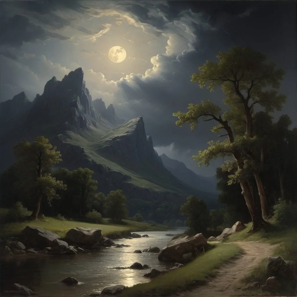 Prompt: Create a UHD, 64K, professional oil painting in the style of Carl Heinrich Bloch, blending the American Barbizon School and Flemish Baroque influences. Depict a It was a stormy night,
and the moon had sunk behind the dark summits of the mountains,
 leaving only a dim and uncertain light.
