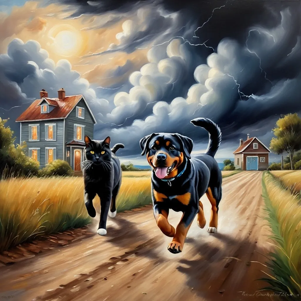 Prompt: a  painting of a scene from a cat seeing himself  in a dream,
chasing a very large rottweiler running away from the cat on a dirt road with a house in the background and a storm cloud in the sky, , 
oil painting,
UHD,
64K