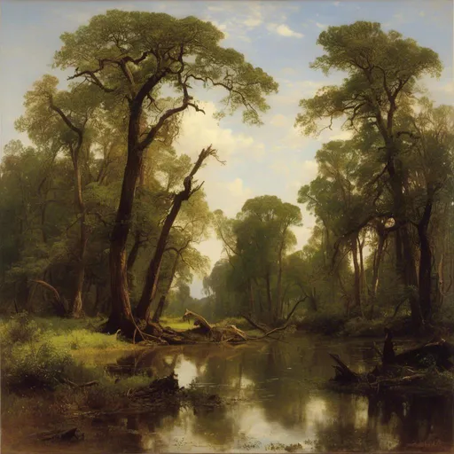 Prompt: <mymodel>Create a UHD, 64K, professional oil painting in the style of Carl Heinrich Bloch, blending the American Barbizon School and Flemish Baroque influences. Depict a serene and mystical Louisiana swamp scene. The foreground features cypress trees with gnarled roots emerging from the murky water, draped with Spanish moss that hangs like delicate lace. The water's surface reflects the lush greenery and is dotted with water lilies and the occasional ripple from unseen creatures.

In the midground, a wooden pirogue (small boat) with an old fisherman casting a net adds a human element to the natural landscape. His weathered face shows concentration and a deep connection with his surroundings. The background fades into a misty horizon where the dense foliage of the swamp seems to merge with the sky.

The setting includes wildlife typical of a Louisiana swamp: an alligator sunning itself on a log, a great blue heron standing still in the water, and a family of turtles basking on a fallen branch. The atmosphere is humid and still, with shafts of sunlight piercing through the canopy, illuminating the swamp with a soft, golden light. The painting captures the tranquil beauty and eerie mystery of the swamp, emphasizing its rich biodiversity and the harmony between the people and their environment.