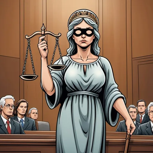 Prompt: "Craft a striking political cartoon that vividly exposes the unfairness of Schedule A defendant lawsuits within the SAD scheme. Illustrate Lady Justice, wearing her traditional blindfold, standing in a courtroom setting. However, instead of holding balanced scales, one side of the scale should be burdened with a poop emoji, representing the unjust weight placed upon defendants. The other side should be empty, symbolizing the absence of fairness and equity in the legal process. Surround Lady Justice with courtroom spectators reacting with shock and dismay to the blatant unfairness unfolding before them. Use this cartoon to highlight the flaws in the legal system and advocate for reforms that ensure equal treatment and due process for all involved."