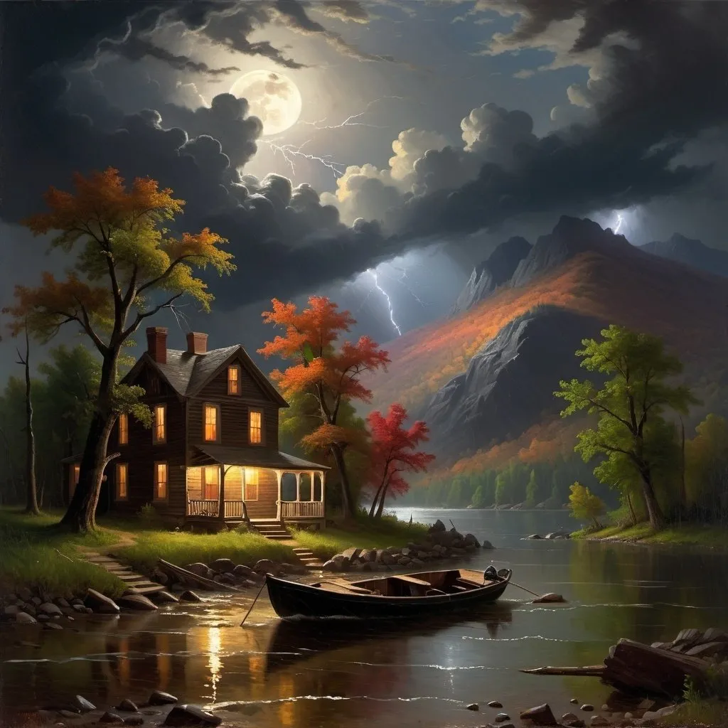 Prompt: Create a UHD, 64K, professional oil painting in the style of Albert Bierstadt, Hudson River School, american scene painting, Depict  It was a stormy night
The storm roared and rumbled in the mountains The storm increased The thunder rolled and the rain continued to beat with unabated fury
and the moon had sunk behind the dark summits of the mountains
 leaving only a dim and uncertain light a house by a river with a boat in the water
