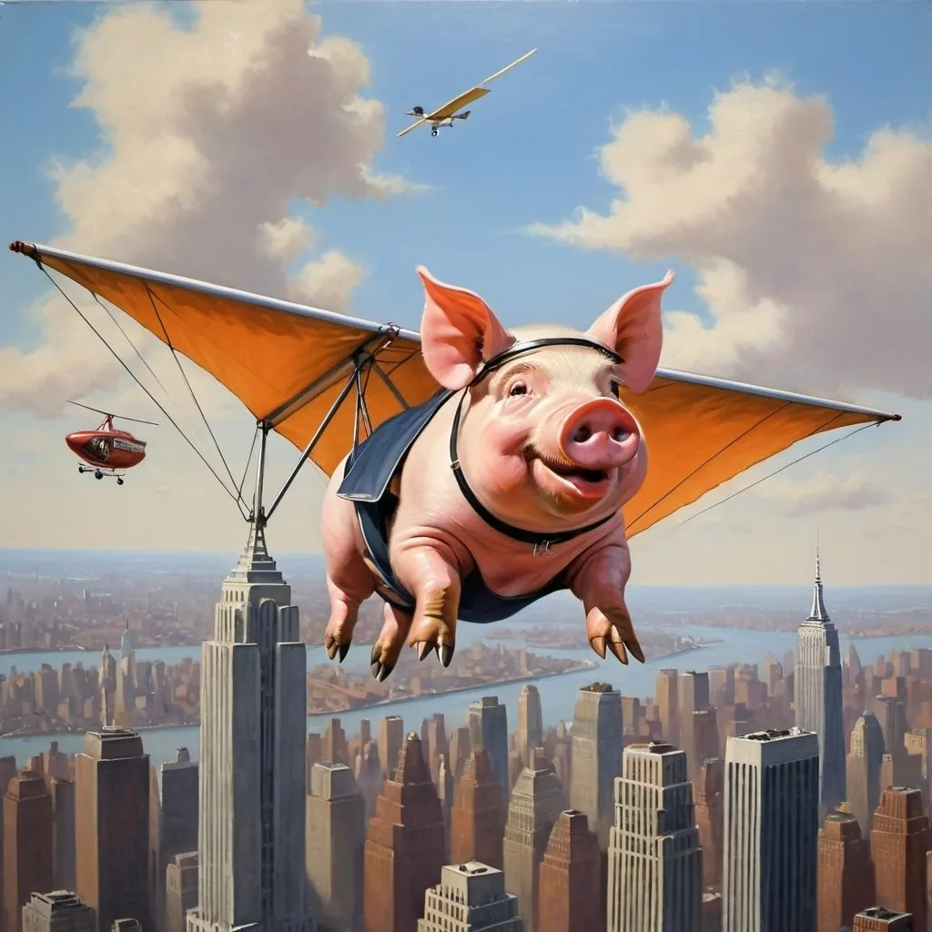 Prompt: a  pig ,  flying over New York city  on hang glider, 1970s oil painting,

