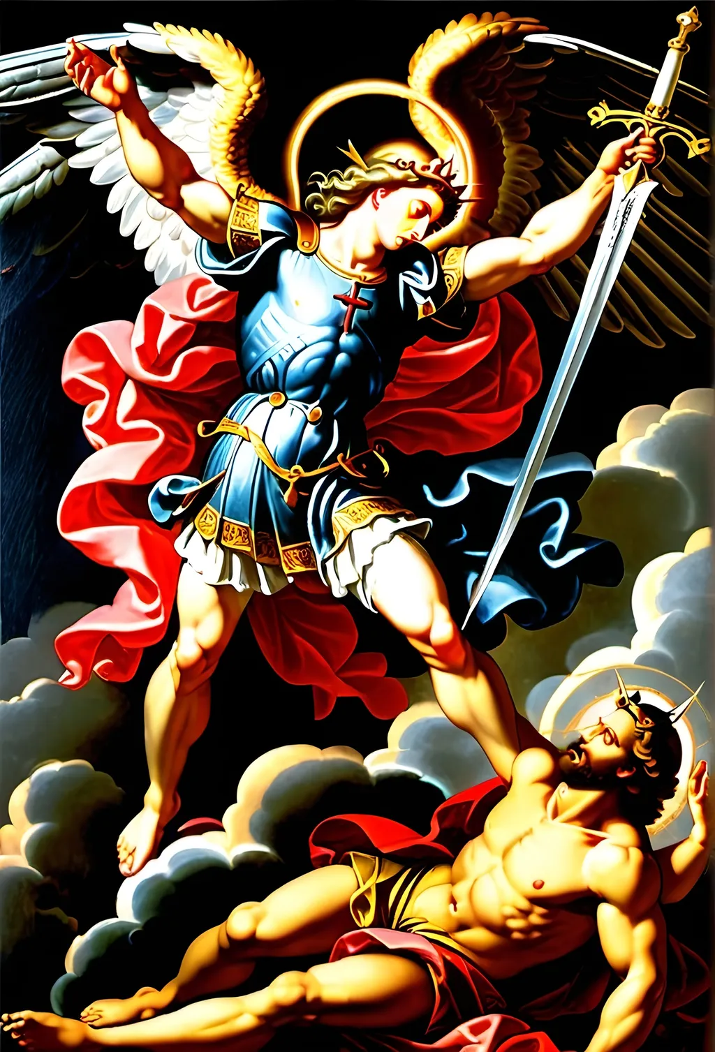 Prompt: a painting of satan being  defeated 
 step on and stab  by the angel Saint Michael's  sword hand,, Andrea Pozzo, gothic art, renaissance oil painting, a painting

Blessed Michael, archangel,
defend us in the hour of conflict.
Be our safeguard against the wickedness and snares of the devil
(may God restrain him, we humbly pray):
and do thou, O Prince of the heavenly host,
by the power of God send Satan down to hell
and with him those other wicked spirits
who wander through the world for the ruin of souls.
Amen.