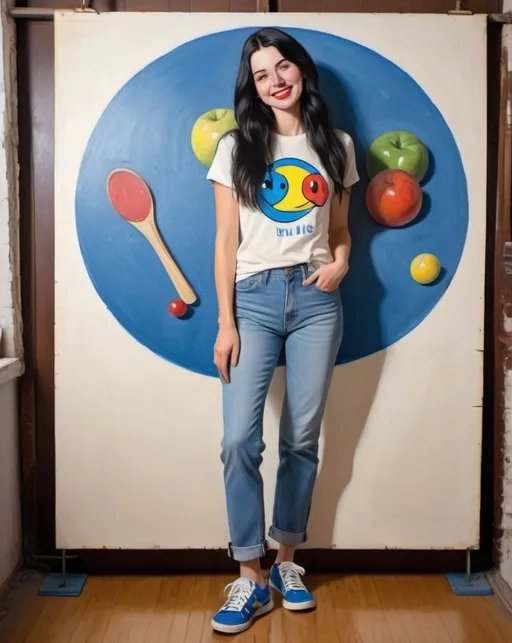 Prompt: a full-length portrait painting,
 27 year-old woman, 
cover with dark freckle,
 blue eyes, 
long black hair, 
red lipstick, 
a smile on her face, 
standing on 3D chart art, 
smiley-face  t-shirt, 
long blue jean,
blue tennis shoes,
1970s oil painting,