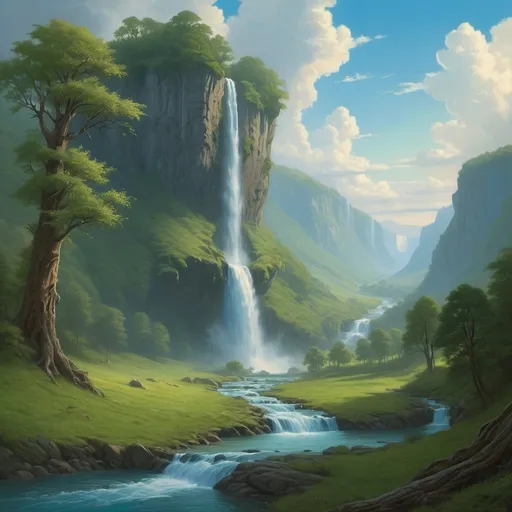 Prompt: a painting of a waterfall in a green valley with trees and a stream running through it, with a blue sky and clouds, Christophe Vacher, fantasy art, matte fantasy painting, a detailed matte painting