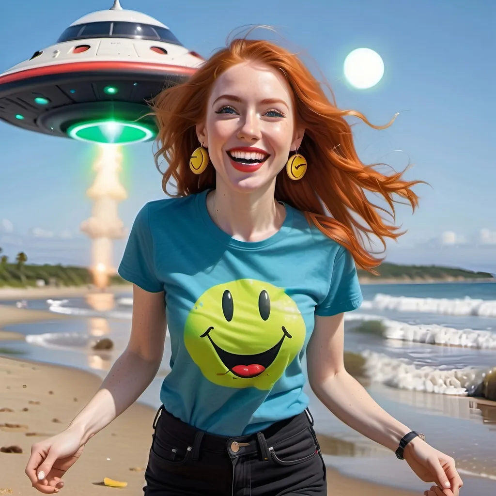 Prompt: photorealistic portrait of a [(27 year-old woman),  (cover with dark freckle), (green eyes), (long ginger hair), (red lipstick), (a smile on her face), ( smiley face earrings), (smiley-face t-shirt), (long blue jean), (red and blue tennis shoes),]on the beach, looking very excited at an attacking UFO