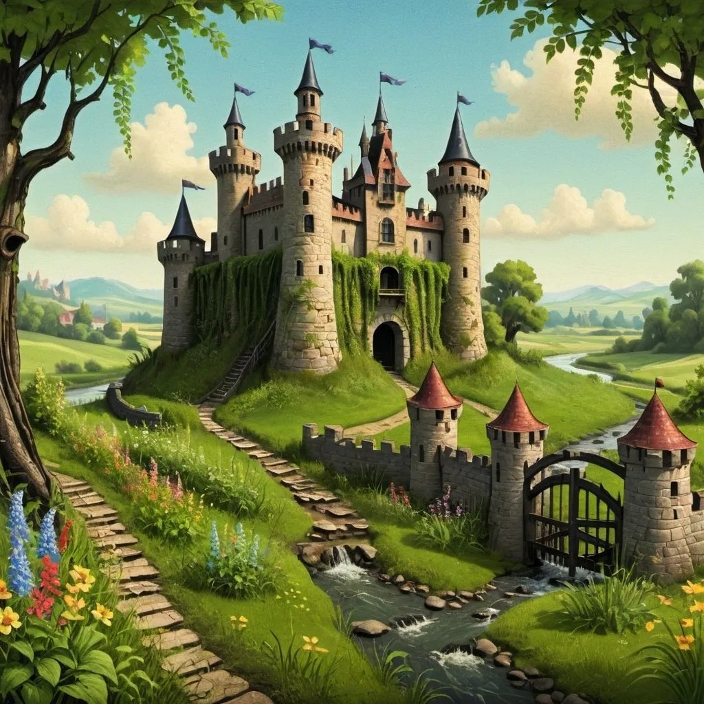 Prompt: a painting of a castle  overgrown with vines and wildflowers  with a path leading to it and flowers in front of it and a fence and a stream in a field with flowers and trees around, The castle itself  though old and ruined in many parts had evidently been at one time a place of considerable strength, in the style of Carl Heinrich Bloch, blending the American Barbizon School and Flemish Baroque influences.  
