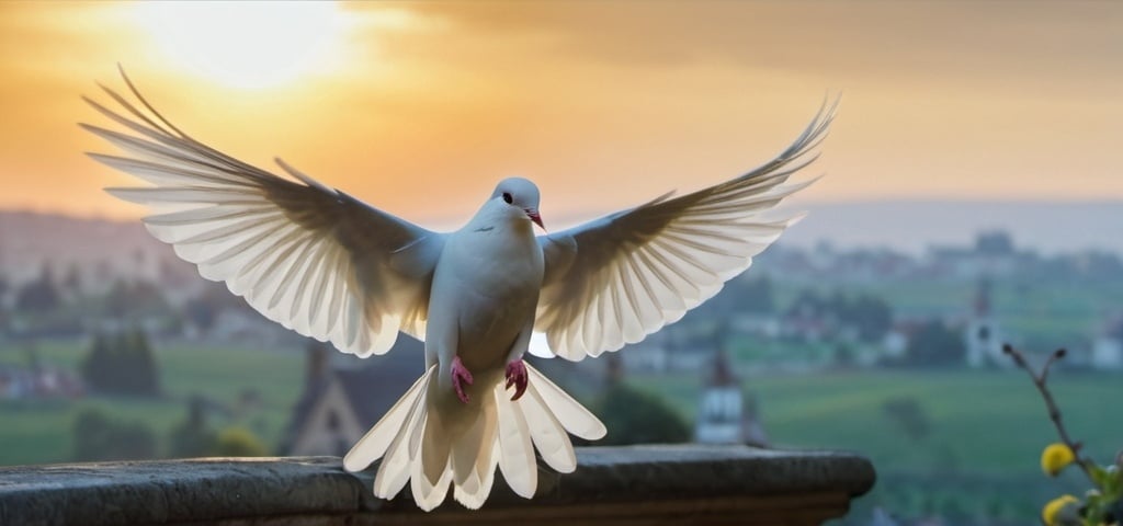 Prompt: A white dove  descending from the sky with its wings spread wide open.

A cat laying on a ledge outside of a window sill.



