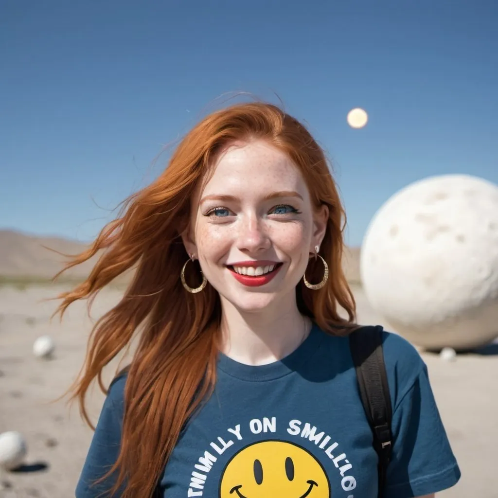 Prompt: portrait,  
(27 year-old woman), 
(walking on the moon ),
(cover with dark freckle), 
(green eyes), 
(long ginger hair), 
(red lipstick), 
(a smile on her face), 
(earrings with a smiley face on it's earring hooks),  
(smiley-face t-shirt), 
(long blue jean), 
(red and blue tennis shoes),
photo
