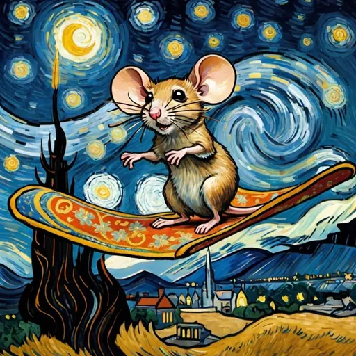 Prompt: a mouse flying on a "magic carpet" in "The Starry Night" by Vincent van Gogh