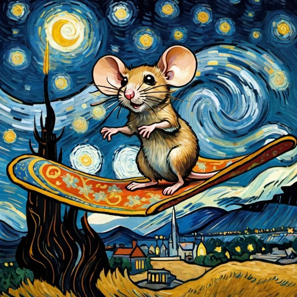 Prompt: a mouse flying on a "magic carpet" in "The Starry Night" by Vincent van Gogh