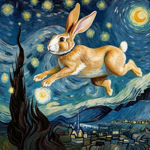 Prompt: A rabbit flying on a "magic carpet" in "The Starry Night" by Vincent van Gogh