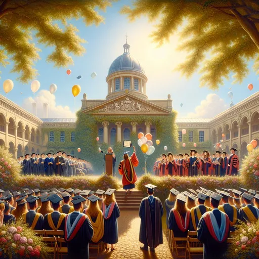 Prompt: Create a UHD, 64K, professional oil painting in the style of Carl Heinrich Bloch, blending the American Barbizon School and Flemish Baroque influences. Depict a lively and jubilant college graduation ceremony set in a grand outdoor courtyard. The scene is filled with graduates in traditional caps and gowns, their faces beaming with pride and excitement. In the foreground, a young graduate stands tall, holding her diploma, surrounded by friends and family celebrating the moment. The backdrop includes a majestic, ivy-covered college building with classic architectural elements such as columns and arches. The sky is a clear, brilliant blue, and sunlight bathes the entire scene, casting warm and welcoming tones. Professors in academic regalia can be seen on a stage, applauding as graduates walk across to receive their diplomas. The atmosphere is festive, with decorations like banners and balloons adding to the joyous occasion. Trees and flowers in full bloom surround the area, enhancing the sense of celebration and new beginnings.