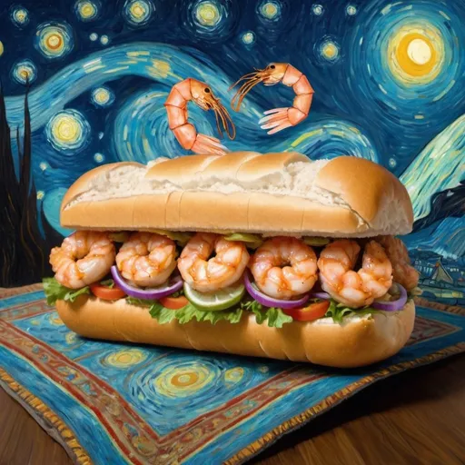 Prompt: A " fry shrimp Po boy" flying on a "magic carpet" in "The Starry Night" by Vincent van Gogh