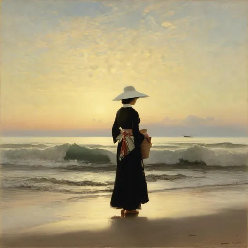 Prompt: japanese woman, 26yo,   (( long flower print Empire Dress with a high neck line and white hat)) standing at sea at dawn,  standing on white beach sand<mymodel>