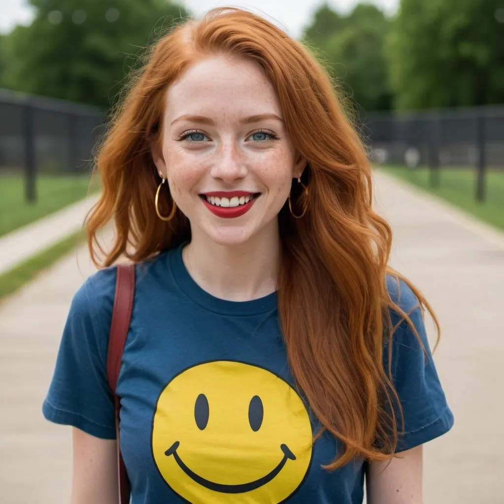 Prompt: a  portrait, 27 year-old woman, walking  cover with dark freckle, green eyes, long ginger hair, red lipstick, a smile on her face, gold-earrings-with-a-smiley-face- ON-them,  smiley-face t-shirt, long blue jean, red and blue tennis shoes,  photo 