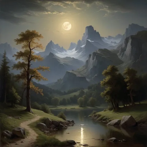 Prompt: Create a UHD, 64K, professional oil painting in the style of Carl Heinrich Bloch, blending the American Barbizon School and Flemish Baroque influences. Depict a
It was a still, 
calm night,
and the moon had sunk behind the dark summits of the mountains,
 leaving only a dim and uncertain light.
