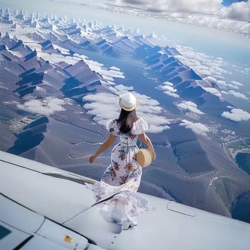 Prompt: a view of something crazy a (( 21-year-old woman in a long flower print Empire Dress with a high neck line and white hat)) is walking on top of the wing of the plane in flight,


