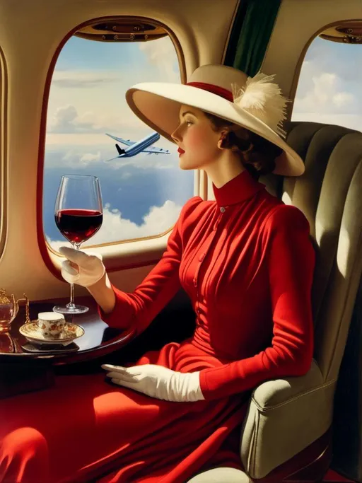 Prompt: a 21-year-old woman in a long flower print Empire Dress with a high neck line and white hat sitting on an airplane seat with a hat on her head drinking a glass red wine,  and a plane in the background with a window, Annie Leibovitz, precisionism, promotional image, an art deco painting  drinking red wine,<mymodel> 