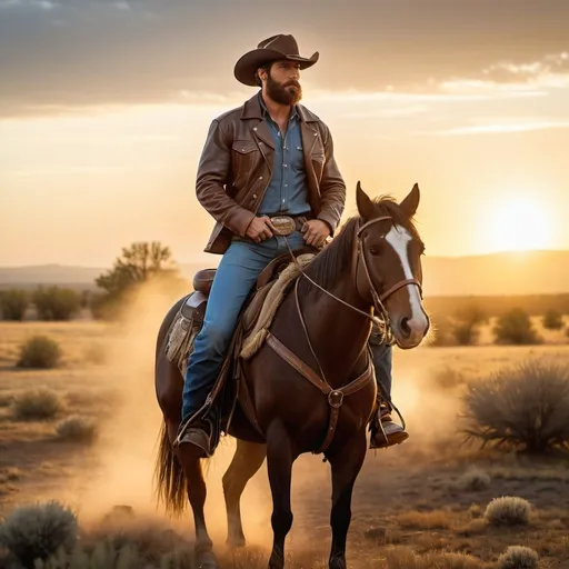 Prompt: rugged 25-year-old Cowboy riding on horseback,
ten gallon hat, 
wide angle view, 
full depth of field, 
beautiful, 
high resolution, 
realistic, 
detailed full beard,
old west atmosphere, 
golden hour lighting, 
misty colors
shirt and blue jeans, 
rugged beauty,
portrait painting, 
professional quality, 
sunrise,
cowboy boots , 
rope , 
realistic, 
leather jacket,
serene atmosphere, 
wide angle view, 
full depth of field, 
beautiful, high resolution, 
golden hour lighting, 
leather jacket, 
rugged  beauty.