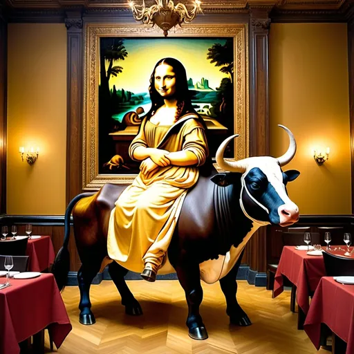 Prompt: Mona Lisa  riding a bull in  a a five star restaurant
