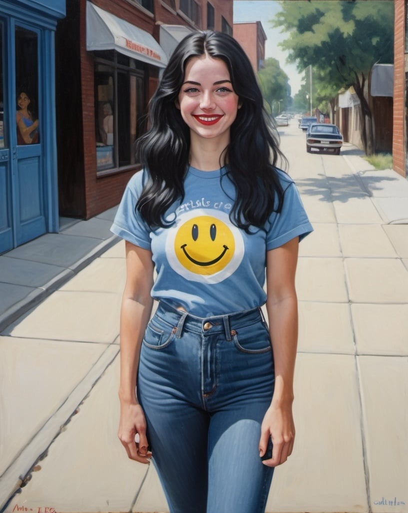 Prompt: a full-length portrait painting,
 27 year-old woman, 
cover with dark freckle,
 blue eyes, 
long black hair, 
red lipstick, 
a smile on her face, 
standing on a sidewalk, 
smiley-face  t-shirt, 
long blue jean,
blue tennis shoes,
1970s oil painting,