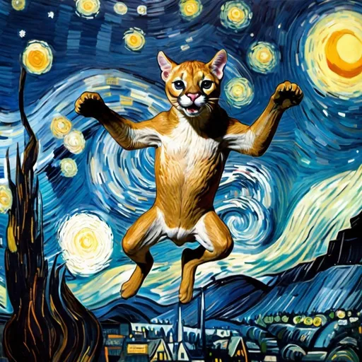 Prompt: a "Puma concolor" skydiving in "The Starry Night" by Vincent van Gogh