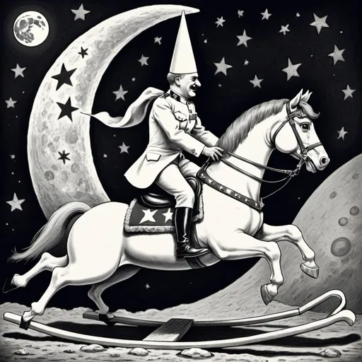 Prompt: A "political cartoon" of a "military dictator"  wearing  a "dunce hat" riding a "rocking horse" that is jumping "over the Moon. " 