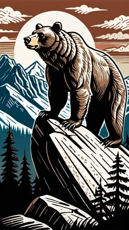 Prompt: A linocut of a proud and majestic bear  is standing upright on a rock in the wilderness with mountains and trees in the background, neo-primitivism, detailed illustration, a woodcut

