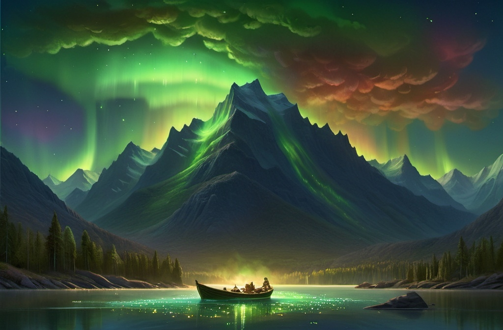 Prompt: a painting of a boat in a body of water under a sky filled with aurora lights and a mountain, Albert Bierstadt, space art, apocalypse, a painting