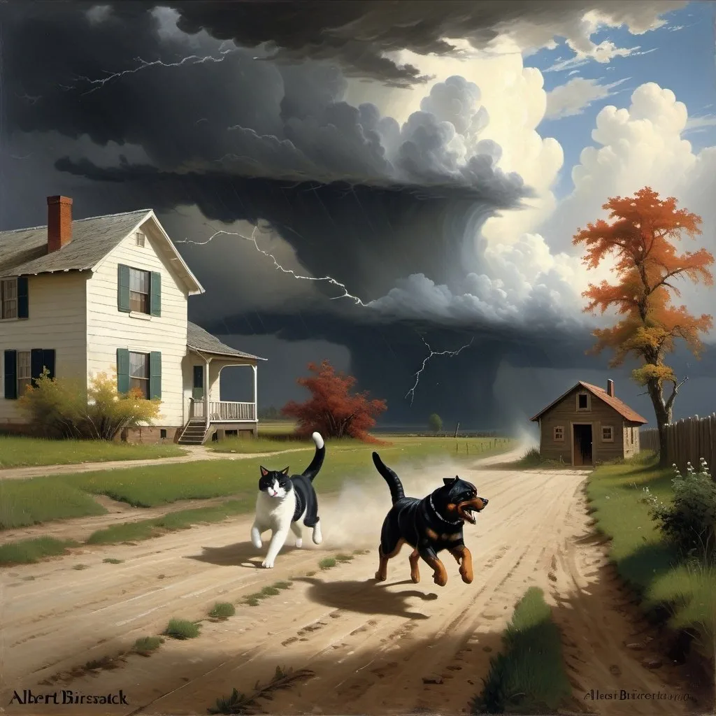 Prompt: a fantasy painting of  a black and white cat chasing a very large rottweiler   running away from  the cat on a dirt road with a house in the background and a storm cloud in the sky, Albert Bierstadt, american scene painting, stormy weather, a fine art painting