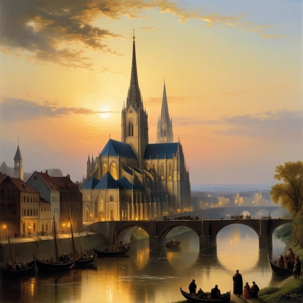 Prompt: Create a UHD, 64K, professional oil painting in the style of Carl Heinrich Bloch, blending influences from Flemish Baroque and traditional religious iconography, The towering cathedral with its elaborate spires and detailed sculptures dominated the skyline a beacon of faith and artistry, The first faint streak of daybreak appeared on the horizon casting a pale light over the sleeping world.