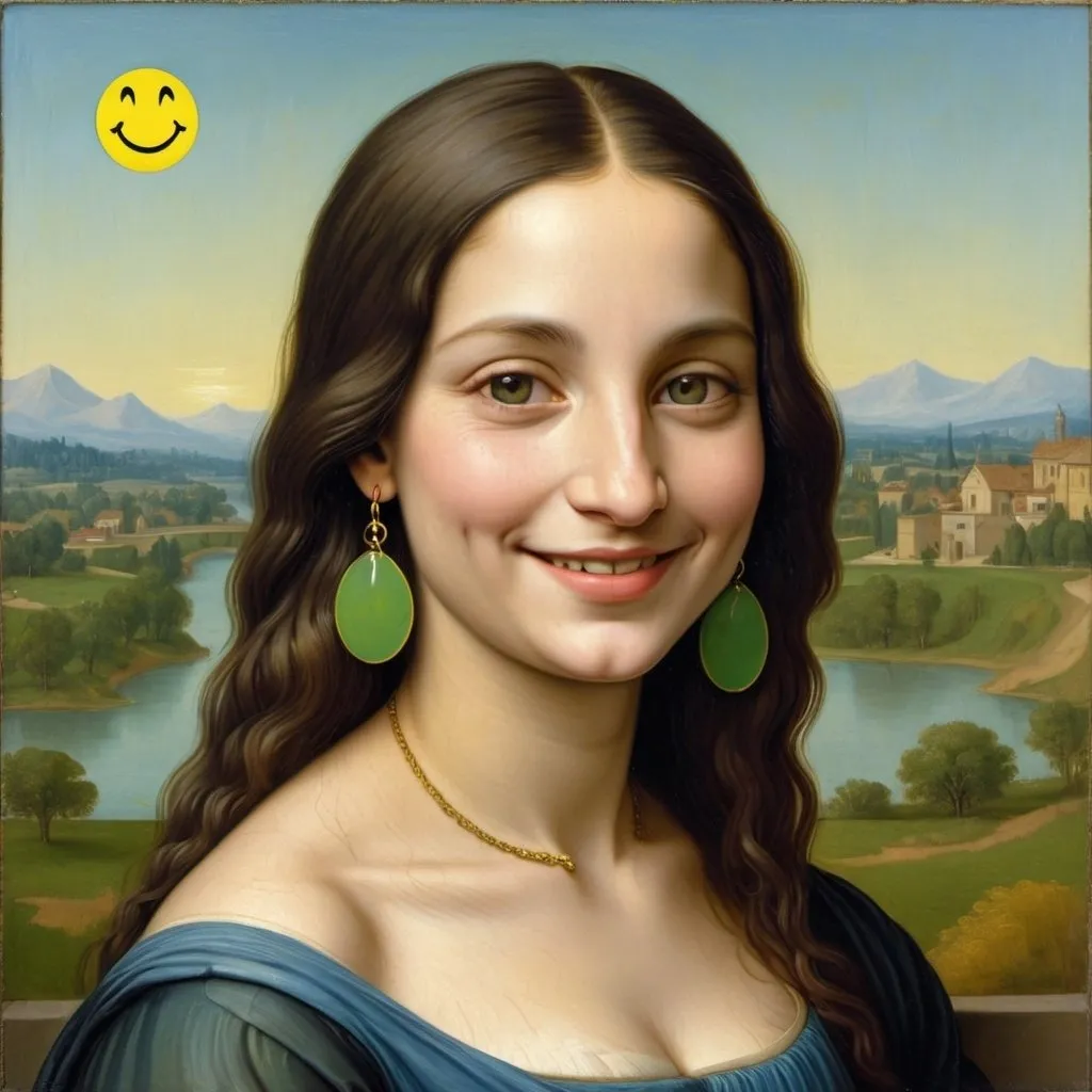 Prompt: a painting of Mona Lisa  long hair, on a smile on her face "yellow smiley face earrings", with a green background and a blue sky, Fra Bartolomeo, academic art, renaissance oil painting, a painting  