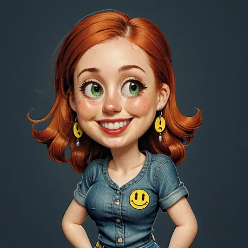 Prompt: portrait,  
27 year-old woman, 
walking,
cover with dark freckle, 
green eyes, 
long ginger hair, 
red lipstick, 
a smile on her face, 
(earrings with a smiley face on it's earring hooks),  
smiley-face t-shirt, 
long blue jean, 
