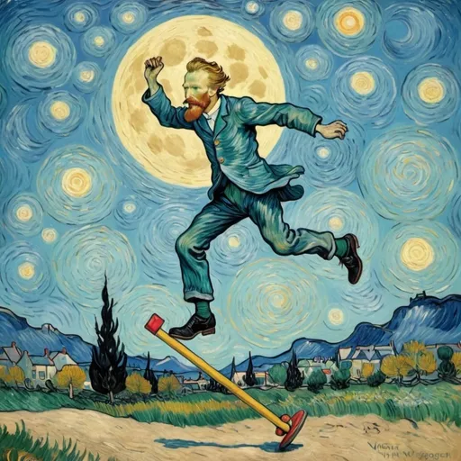 Prompt: Vincent van Gogh jumping over the Moon on a  a pogo stick.