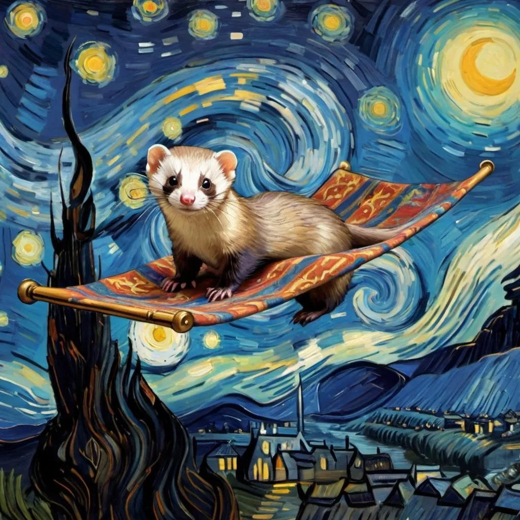 Prompt: A ferret flying on a "magic carpet" in "The Starry Night" by Vincent van Gogh