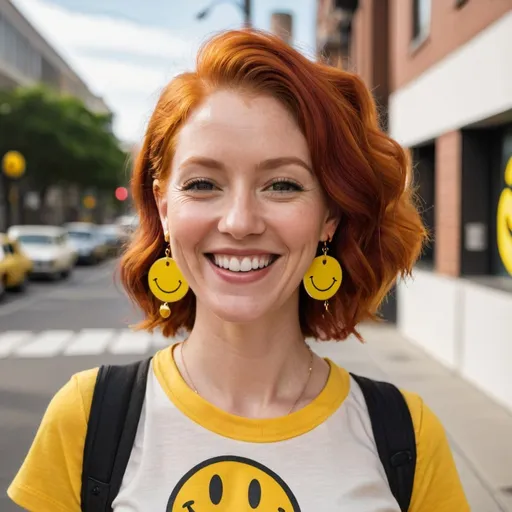 Prompt: a woman with red hair wearing a smiley face t - shirt and ( a yellow smiley face earrings) smiles at the camera while standing on a sidewalk,  figurativism, 1 9 7 0 s, a character portrait