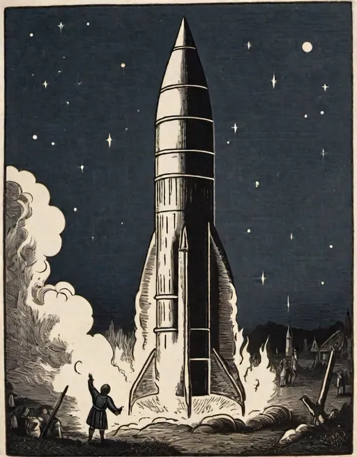 Prompt: a  black and white 10th century wood cut print of a rocket is being launched on a clear night with fire and smoke billowing out of it's back end,
10th century wood cut print

