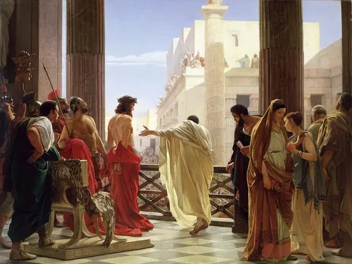 Prompt: Ecce homo! Antonio Ciseri's 1871 depiction of Pontius Pilate presenting Jesus to the public

a painting of a group of people standing around a building with columns and a statue of a man in a white robe, Carl Heinrich Bloch, classical realism, classical painting, a painting