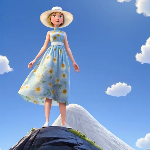 Prompt: a  ((a 21-year-old woman in a long flower print Empire Dress with a high neck line and white hat)) standing on top of a mountain with a blue sky in the background, Ella Guru, symbolism, giantess art, an album cover