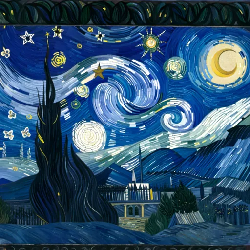 Prompt: "The Starry Night" by Vincent van Gogh done with Stained Glass