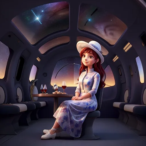 Prompt: a 21-year-old woman in a long flower print Empire Dress with a high neck line and white hat sitting on a spaceplane seat with a hat on her head drinking a glass of red wine,  and (( the Andromeda Galaxy))  in the background with a window, Annie Leibovitz, precisionism, promotional image, an art deco painting  