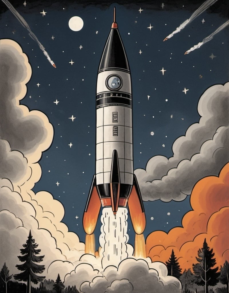 Prompt: a  black and white child's drawing of a of a rocket is being launched on a clear night with fire and smoke billowing out of it's back, Chris Ware, naive art, storybook illustration, a child's drawing