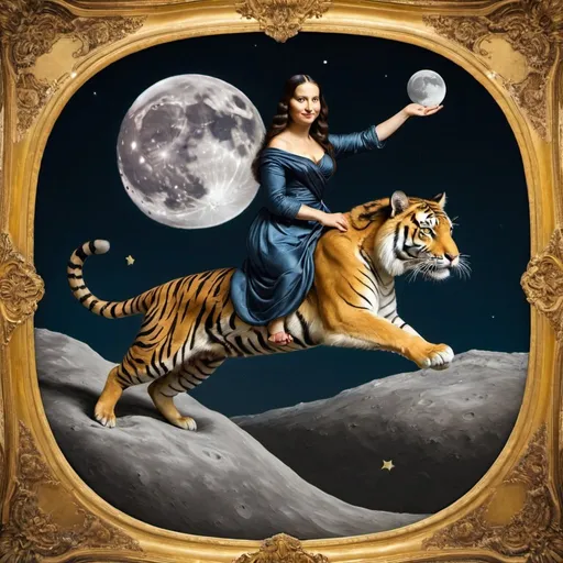 Prompt: Mona Lisa riding a Tiger that is jumping over the Moon.