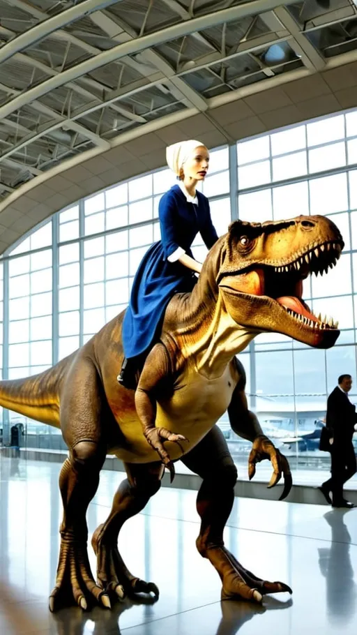 Prompt: the girl with the pearl earring. riding a   tyrannosaurus, in  an airport