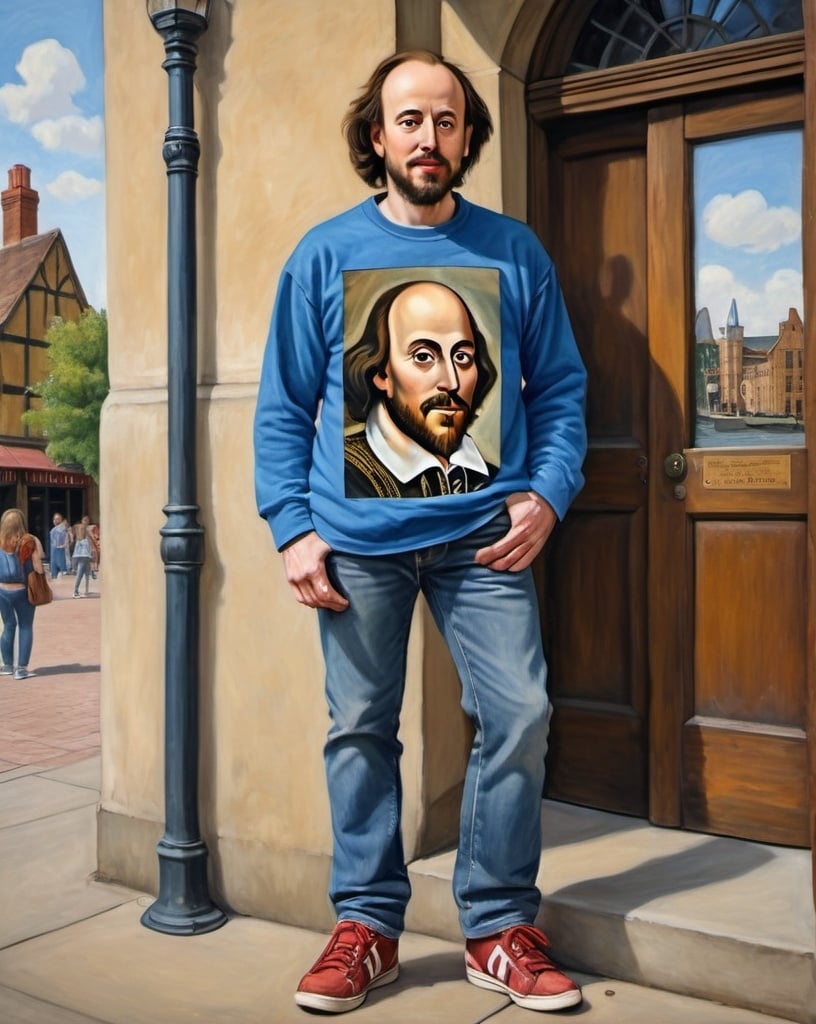 Prompt: a full-length portrait painting,
William Shakespeare,
standing on the sidewalk outside the 	Globe Theatre, 
A rock souvenir t-shirt, 
long blue jean,
blue tennis shoes,
academic art, renaissance oil painting