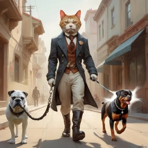 Prompt: a cat in a suit walking Bulldog and Rottweiler on a leash in the street, with a man in a top hat and coat, Chris LaBrooy, fantasy art, steampunk, concept art

< clean up after editing

anthropomorphic cat walking a dog on a leash, highly detailed, digital painting, concept art, smooth, sharp focus, illustration, art by artgerm, greg rutkowski, alphonse mucha, frank frazetta

>


